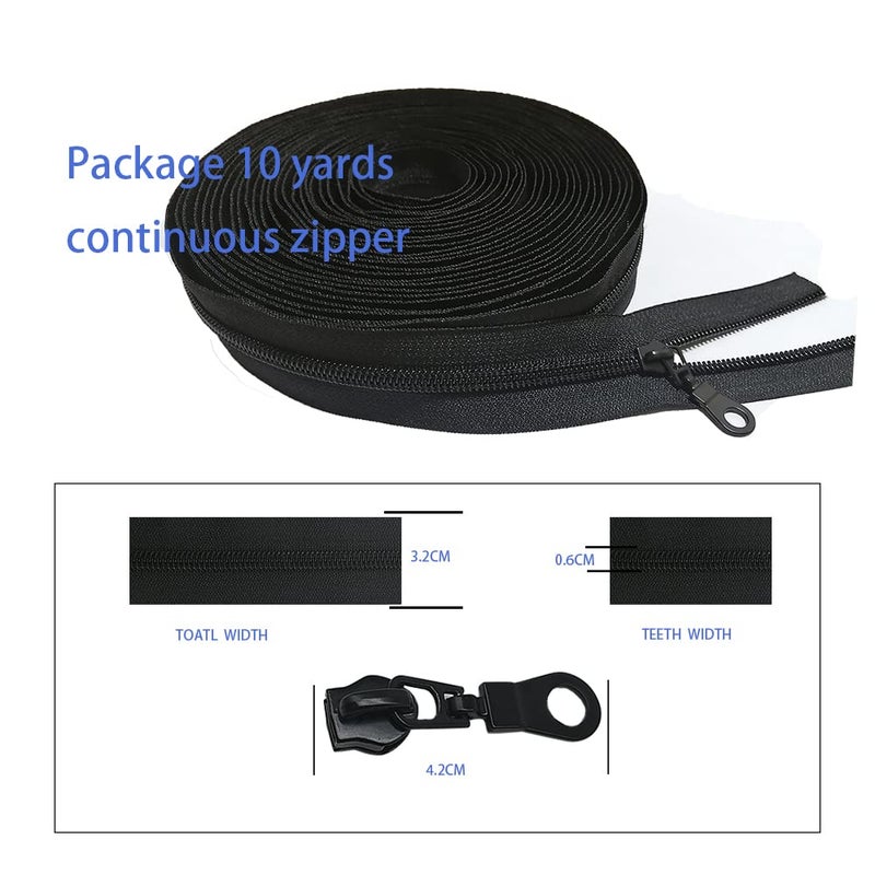 Meikeer 10Yards Bulk Zippers #5 Nylon Coil Zippers by The Yard with 20pcs Zipper Sliders for DIY Sewing Craft Bags(Black) - Image 2